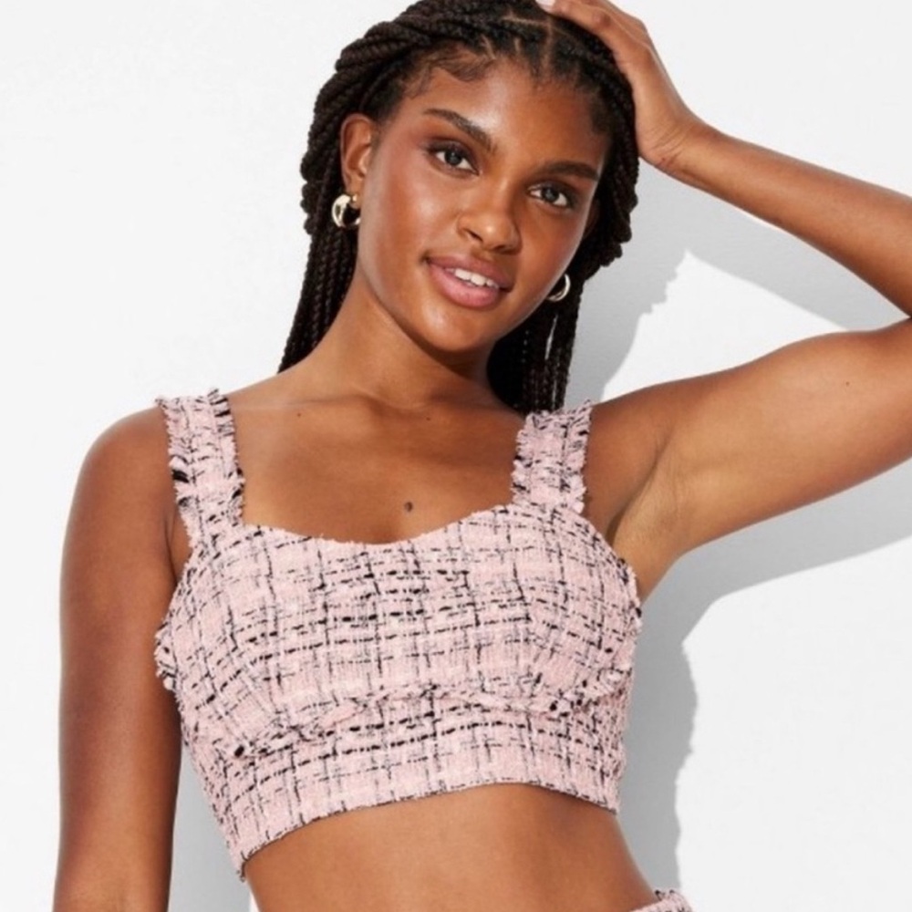 Pink‎ Tweed Bustier Crop Top Women S Preppy Chic Coquette Y2K Soft Girl 90s